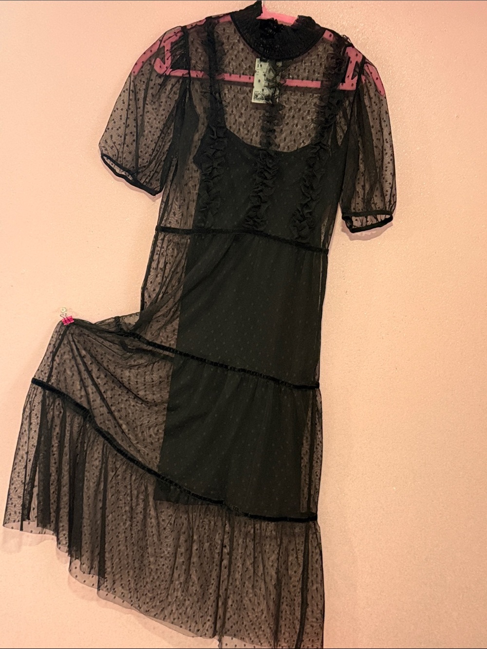 Black Tiered Ruffled Mock Neck Sheath Dress